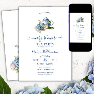 Blaue Hortensien-Baby-Shower-Teeparty Einladung