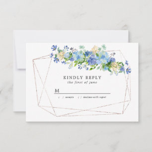 Blaue Hortensien-Blumen auf goldenem geometrischen RSVP Karte