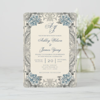 Blaue Hortensien-Blumen-Botanische Hochzeitseinlad Einladung