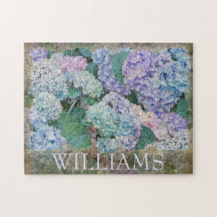 Blaue Hortensien-Blumen-Familienname im Vintage-St Puzzle