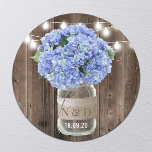 Blaue Hortensien-Blumen Glas Rustikale Holz Hochze Runder Aufkleber