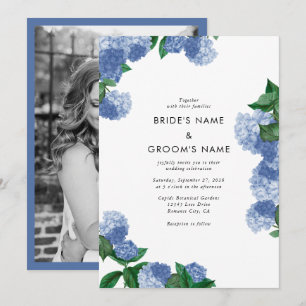 Blaue Hortensien-Blumen-Grün-Foto-Hochzeit Einladung