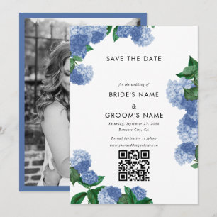 Blaue Hortensien-Blumen-Grün-Foto-Hochzeit Save The Date
