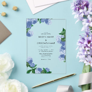 Blaue Hortensien-Blumen-Grün-Moderne Hochzeit Acryleinladungen