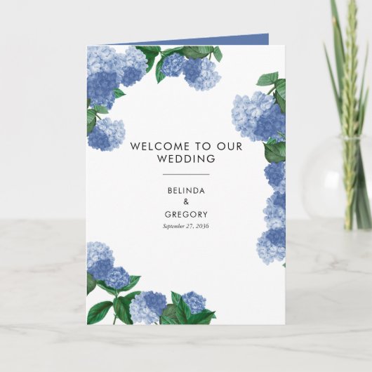 Blaue Hortensien-Blumen-Hochzeitsablauf Programm (Vorderseite)