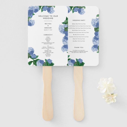 Blaue Hortensien-Blumen-Hochzeitsprogramm Fächer (Vorne und Hinten)