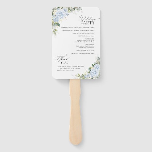 Blaue Hortensien-Blumen-Hochzeitsprogramm-Handfäch Fächer (Rückseite)