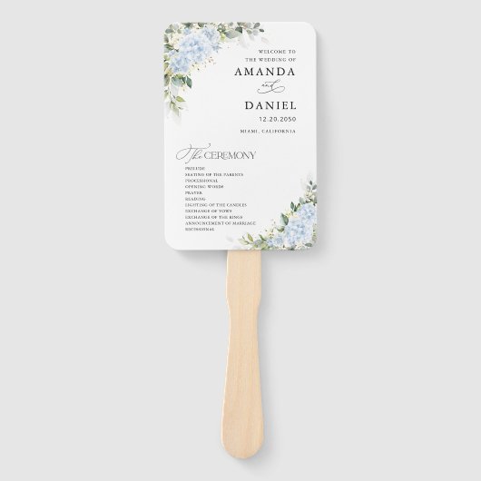 Blaue Hortensien-Blumen-Hochzeitsprogramm-Handfäch Fächer (Vorderseite)
