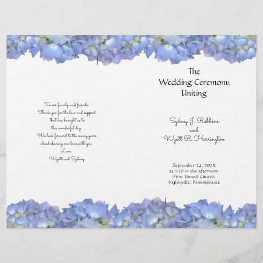 Blaue Hortensien-Blumen Hochzeitsprogramm-Vorlage (Vorderseite)