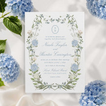 Blaue Hortensien-Blumen-Monogramm-Wappen-Hochzeit