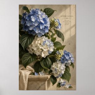 Blaue Hortensien-Blumen-Wandkunst im Vintage-Stil Poster