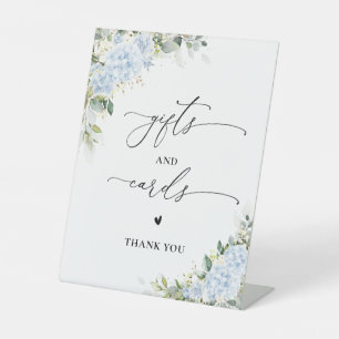 Blaue Hortensien-Blumengeschenke und Karten-Schild Sockelschild