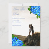 Blaue Hortensien-Blumenhochzeit Save The Date (Vorderseite)
