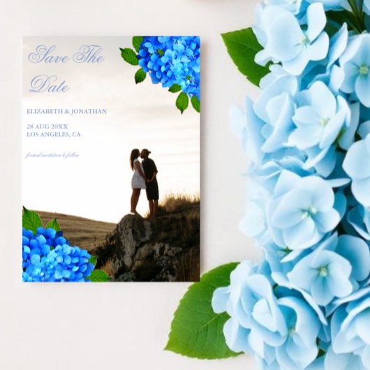 Blaue Hortensien-Blumenhochzeit Save The Date