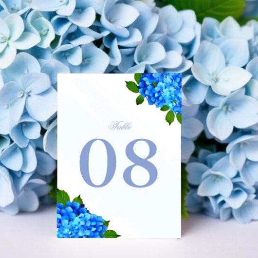 Blaue Hortensien-Blumenhochzeit Tischnummer