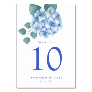 Blaue Hortensien-Blumenhochzeit Tischnummer