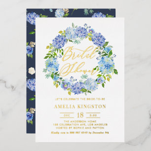 Blaue Hortensien-Blumenkranz Brautparty Folieneinladung