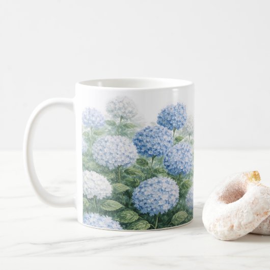 Blaue Hortensien-Blumenmalerei  Kaffeetasse (Mit Donut)