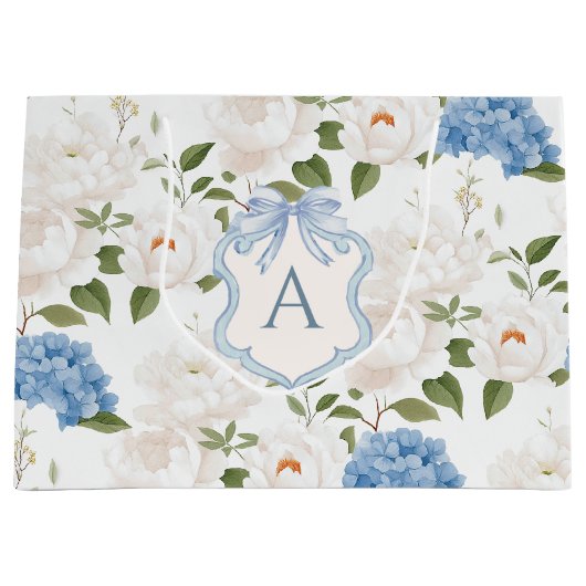 Blaue Hortensien Blumenmonogramm Große Geschenktüte (Vorderseite)