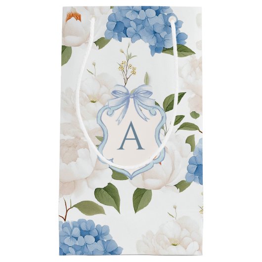 Blaue Hortensien-Blumenmonogramm Kleine Geschenktüte (Vorderseite)