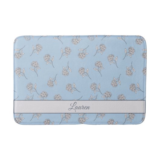 Blaue Hortensien-Blumenmuster-Monogramm-Bad Badematte (Vorderseite)
