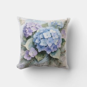 Blaue Hortensien-Blumenstrauß-Aquarell Serenität Kissen