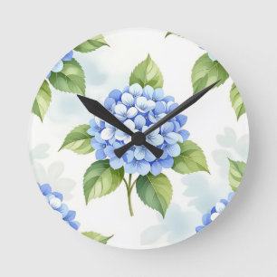 Blaue Hortensien-Blumenstrauß-Muster Runde Wanduhr