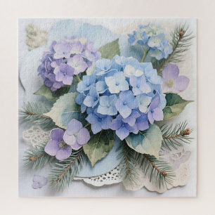 Blaue Hortensien-Blumenstrauß-Watercolor-Serenität Puzzle