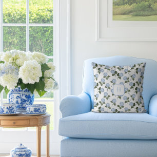 Blaue Hortensien-Blüten-Monogramm Kissen