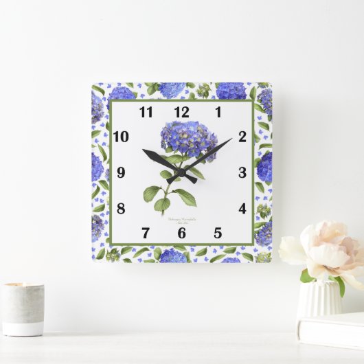 Blaue Hortensien Botanische Kunstwanduhr Quadratische Wanduhr (Zuhause)