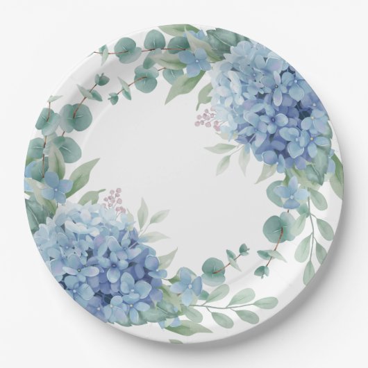 Blaue Hortensien Brause Flitterwoche Pappteller (Vorderseite)