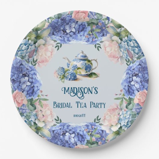Blaue Hortensien Braut-Teeparty Pappteller (Vorderseite)