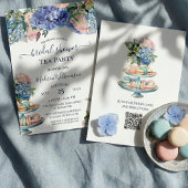 Blaue Hortensien Brautparty-Teeparty QR-Code Einladung