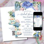 Blaue Hortensien Brautparty-Teeparty QR-Code Einladung