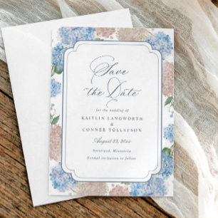 Blaue Hortensien Elegante Florale Vintage-Hochzeit Save The Date