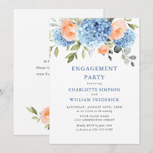 Blaue Hortensien erröten rosa Rosen VERLOBUNGSPART Einladung