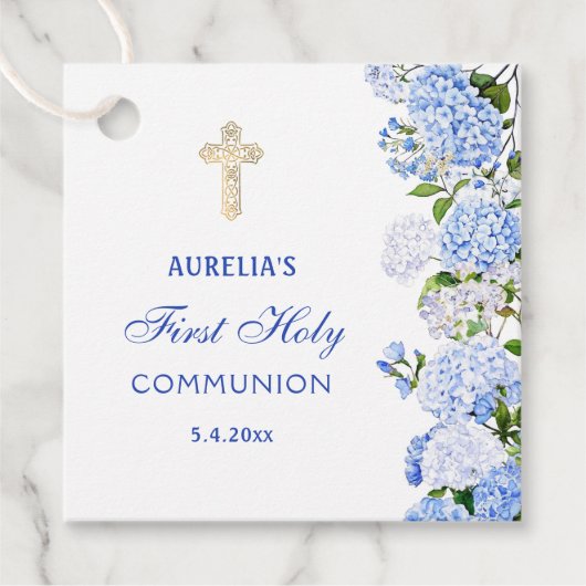 Blaue Hortensien Erstkommunion Geschenkanhänger (Vorderseite)