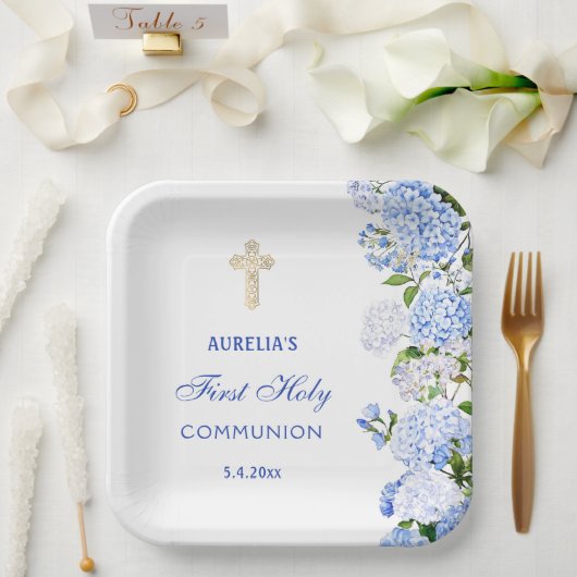 Blaue Hortensien Erstkommunion Pappteller (Hochzeit)