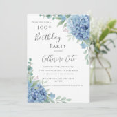 Blaue Hortensien Florale Eleganz 100. Geburtstag Einladung (Stehend Vorderseite)