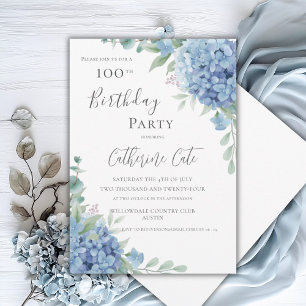 Blaue Hortensien Florale Eleganz 100. Geburtstag Einladung