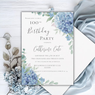 Blaue Hortensien Florale Eleganz 100. Geburtstag Einladung