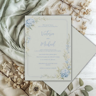 Blaue Hortensien Florale Hellgrüne Elegante Hochze Einladung
