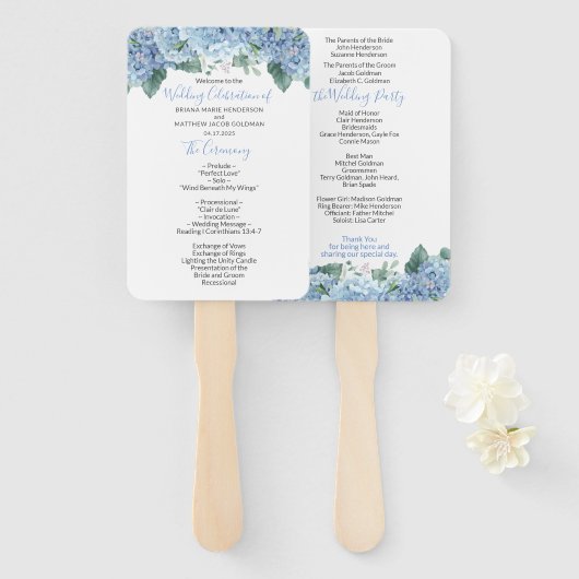 Blaue Hortensien Florale Hochzeitsprogramm-Handfäc Fächer (Vorne und Hinten)