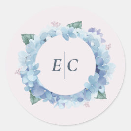 Blaue Hortensien-Garten-Monogramm-Hochzeitsaufkleb Runder Aufkleber