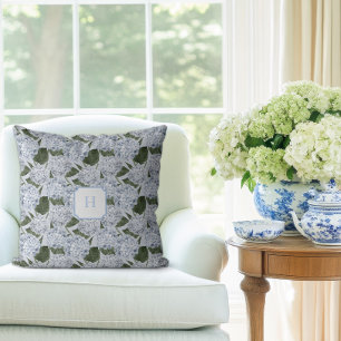 Blaue Hortensien-Garten-Monogramm Kissen