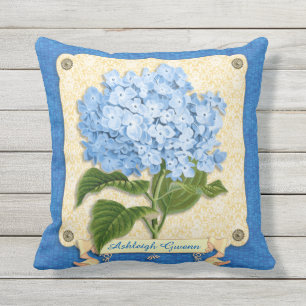 Blaue Hortensien-Gelbe Damast-Banner-Kachel-Aussch Kissen Für Draußen