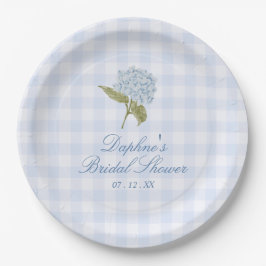 Blaue Hortensien-Gingham-Brautparty Pappteller