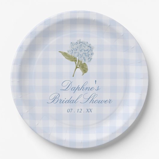 Blaue Hortensien-Gingham-Brautparty Pappteller (Vorderseite)