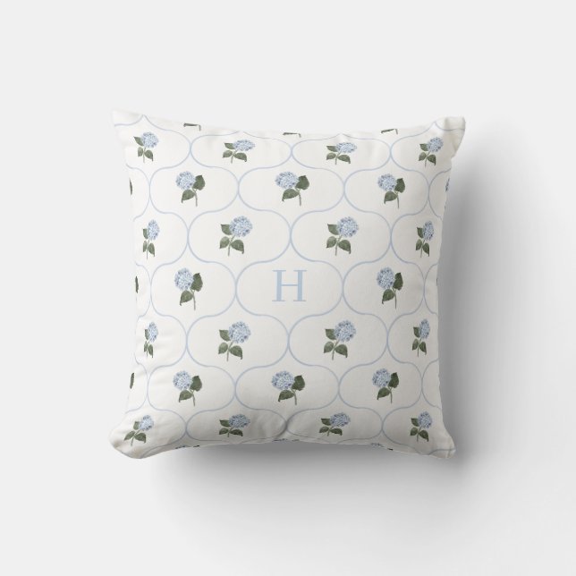 Blaue Hortensien-Gitter-Monogramm   Kissen (Vorderseite)