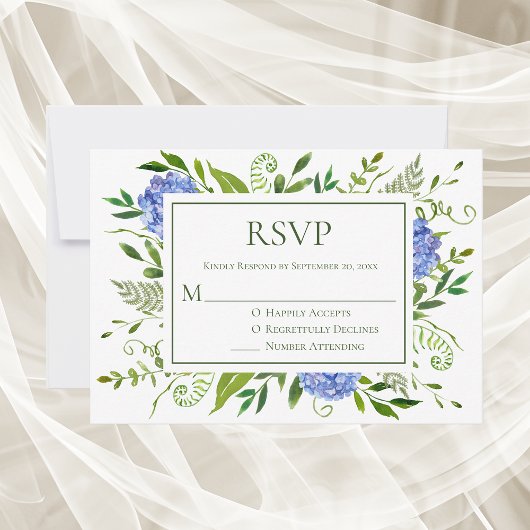 Blaue Hortensien Hochzeit RSVP Karte